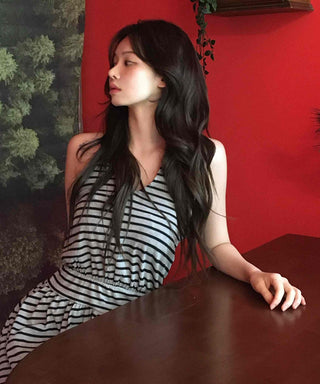 Striped V-Neck Shirred Sleeveless T-Shirt