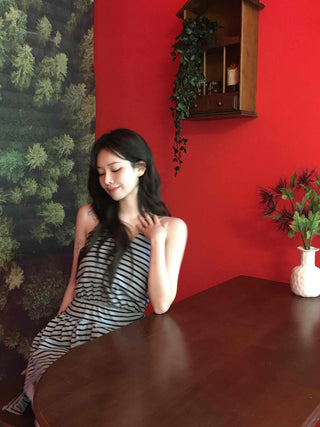 Striped V-Neck Shirred Sleeveless T-Shirt