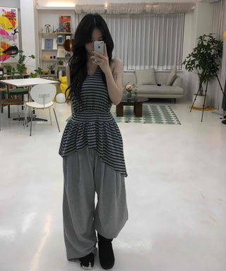 Striped V-Neck Shirred Sleeveless T-Shirt