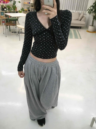 Mini heart pattern puff neck slim cardigan T-shirt