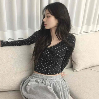 Mini heart pattern puff neck slim cardigan T-shirt