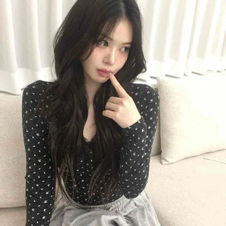Mini heart pattern puff neck slim cardigan T-shirt