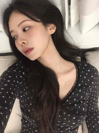 Mini heart pattern puff neck slim cardigan T-shirt