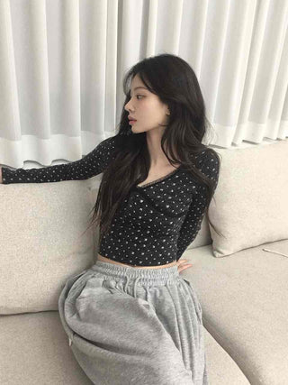 Mini heart pattern puff neck slim cardigan T-shirt