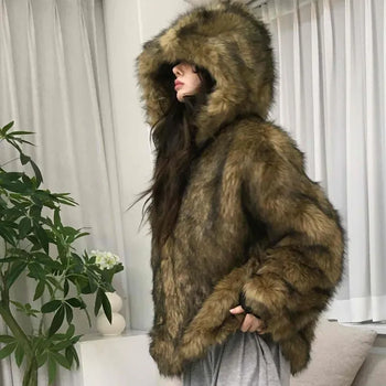 Chic Eco Fur Hooded Long Loose Fit Jacket
