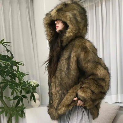 Chic Eco Fur Hooded Long Loose Fit Jacket