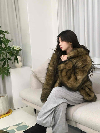 Chic Eco Fur Hooded Long Loose Fit Jacket