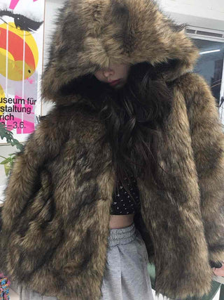 Chic Eco Fur Hooded Long Loose Fit Jacket