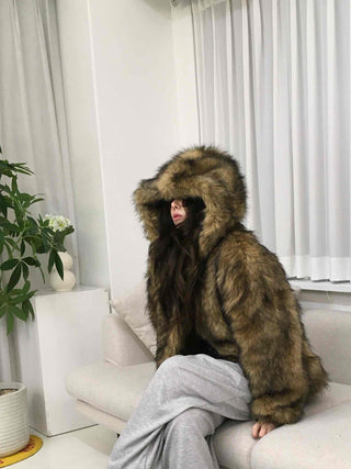 Chic Eco Fur Hooded Long Loose Fit Jacket