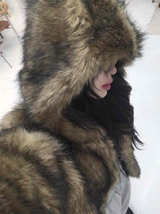 Chic Eco Fur Hooded Long Loose Fit Jacket