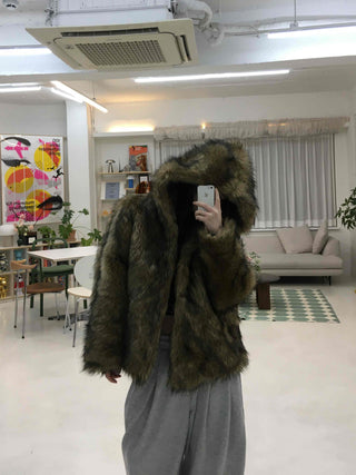 Chic Eco Fur Hooded Long Loose Fit Jacket