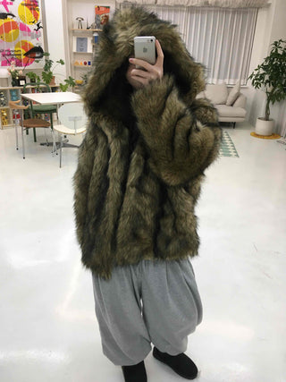 Chic Eco Fur Hooded Long Loose Fit Jacket