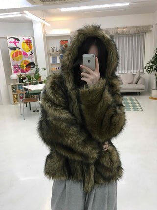 Chic Eco Fur Hooded Long Loose Fit Jacket