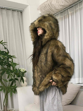 Chic Eco Fur Hooded Long Loose Fit Jacket