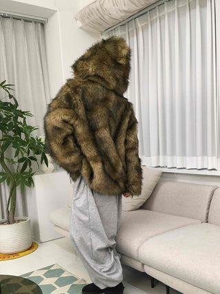 Chic Eco Fur Hooded Long Loose Fit Jacket