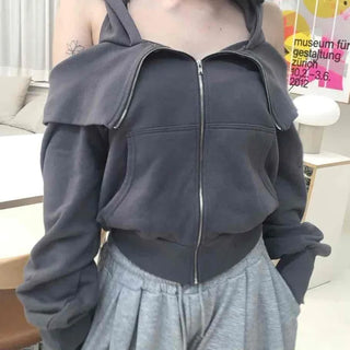 Flap Cargo Pocket Halter Neck Denim Zip-up