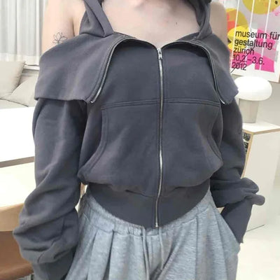 Flap Cargo Pocket Halter Neck Denim Zip-up