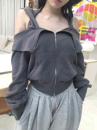 Flap Cargo Pocket Halter Neck Denim Zip-up