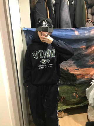 Vintage Lettering Oversized Fleece-Lined Hoodie
