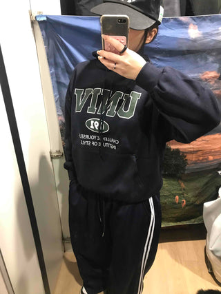 Vintage Lettering Oversized Fleece-Lined Hoodie