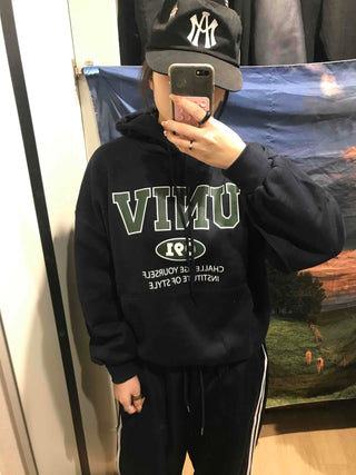 Vintage Lettering Oversized Fleece-Lined Hoodie