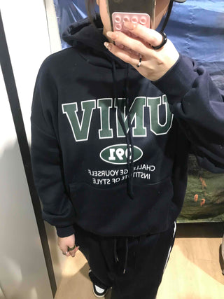 Vintage Lettering Oversized Fleece-Lined Hoodie