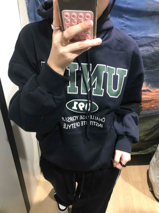 Vintage Lettering Oversized Fleece-Lined Hoodie