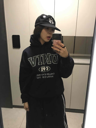Vintage Lettering Oversized Fleece-Lined Hoodie