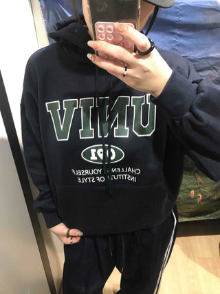 Vintage Lettering Oversized Fleece-Lined Hoodie