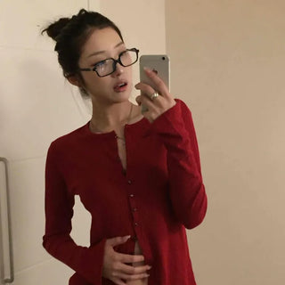 Cozy Flare Fit Gold Button Pumpkin Knit Cardigan