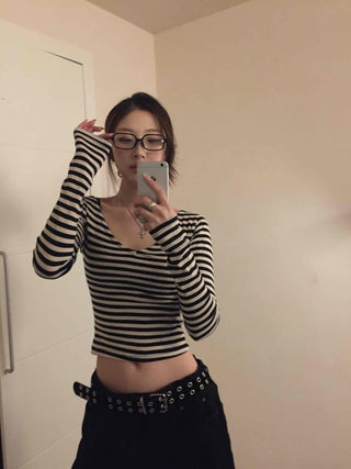 Marine Style Border Round Neck Long Sleeve T-shirt