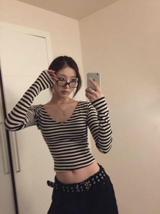Marine Style Border Round Neck Long Sleeve T-shirt