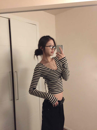 Marine Style Border Round Neck Long Sleeve T-shirt
