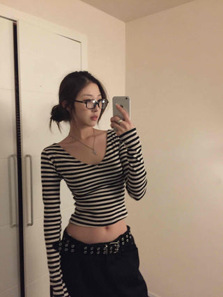 Marine Style Border Round Neck Long Sleeve T-shirt