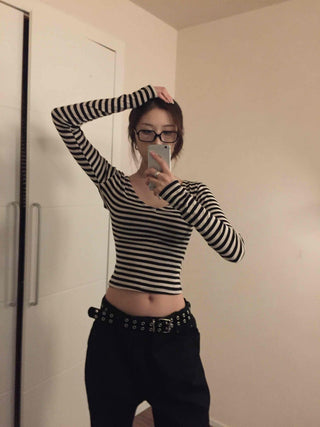 Marine Style Border Round Neck Long Sleeve T-shirt