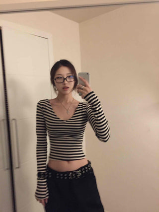 Marine Style Border Round Neck Long Sleeve T-shirt