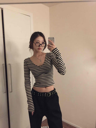 Marine Style Border Round Neck Long Sleeve T-shirt