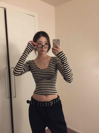 Marine Style Border Round Neck Long Sleeve T-shirt