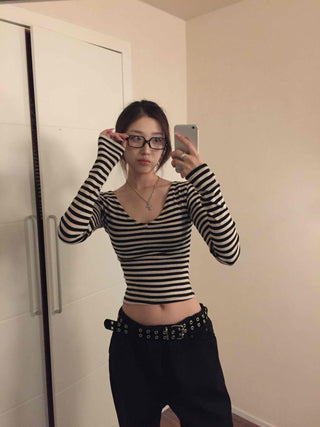 Marine Style Border Round Neck Long Sleeve T-shirt