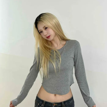 Sexy Glam Button Neck Crop Slim Long Sleeve T-shirt