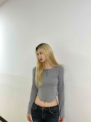 Sexy Glam Button Neck Crop Slim Long Sleeve T-shirt