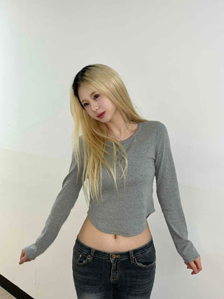 Sexy Glam Button Neck Crop Slim Long Sleeve T-shirt