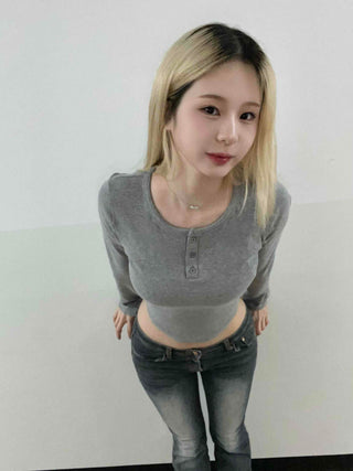 Sexy Glam Button Neck Crop Slim Long Sleeve T-shirt