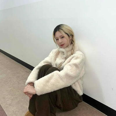 Ribbon Tie-Neck Mink Fur Textured Crop Zip-Up Jacket