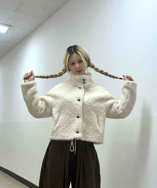 Ribbon Tie-Neck Mink Fur Textured Crop Zip-Up Jacket