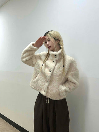 Ribbon Tie-Neck Mink Fur Textured Crop Zip-Up Jacket