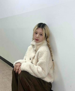 Ribbon Tie-Neck Mink Fur Textured Crop Zip-Up Jacket