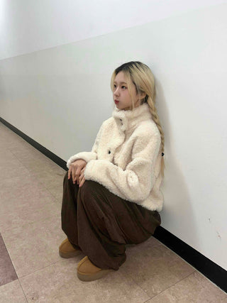 Ribbon Tie-Neck Mink Fur Textured Crop Zip-Up Jacket