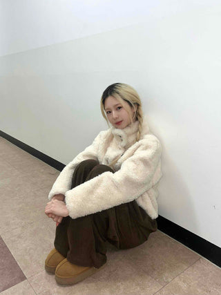 Ribbon Tie-Neck Mink Fur Textured Crop Zip-Up Jacket