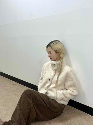 Ribbon Tie-Neck Mink Fur Textured Crop Zip-Up Jacket